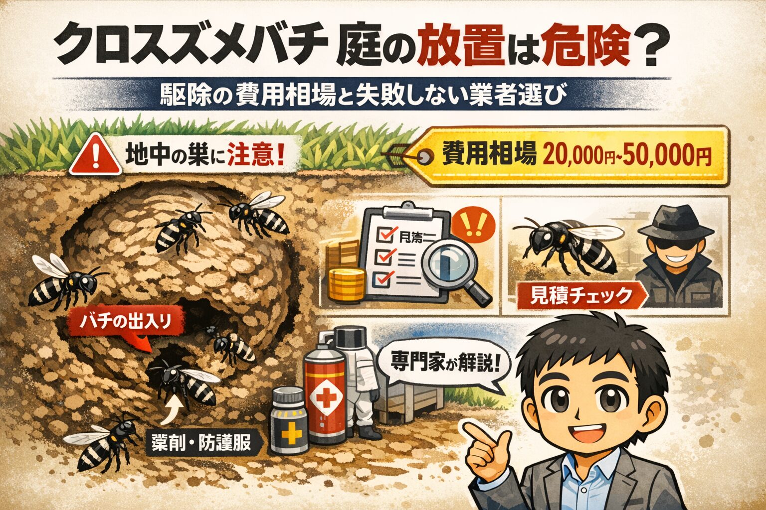 クロスズメバチ庭の放置は危険？駆除の費用相場と失敗しない業者選び