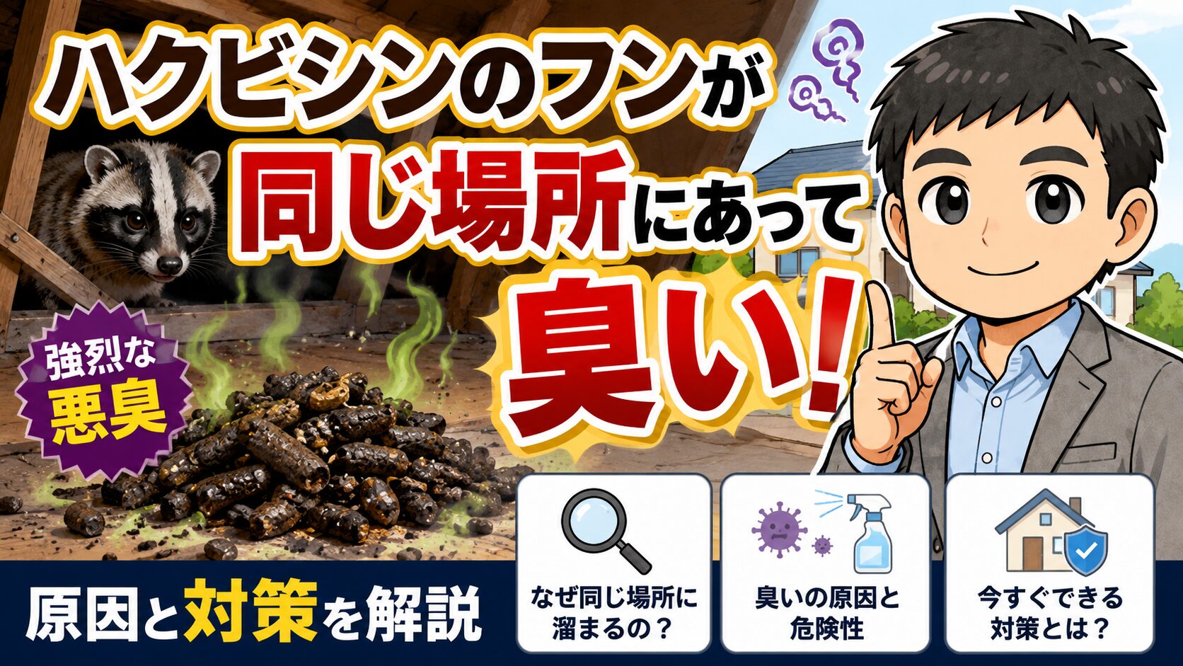 ハクビシンのフンが同じ場所にあって臭い